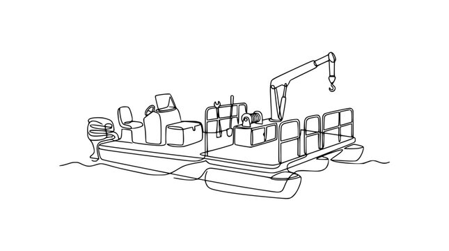 Pontoon Boat with Crane, Line Art, Isolated