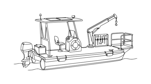 Line Art Pontoon Boat with Crane and Tools, Isolated on Transparent Background