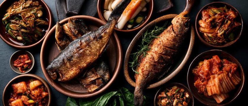 Traditional Korean Cuisine with Grilled Fish and Fermented Side Dishes &ndash; AI Generative
