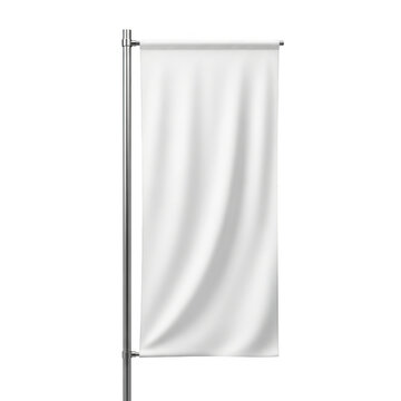 Blank white vertical flag banner on a metal pole isolated on transparent background