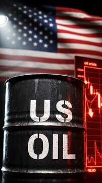US Oil Barrel with Market Chart and American Flag - A close-up of a black oil barrel labeled "US OIL" stands in front of a blurred American flag and a red market chart indicating an oil crisis.