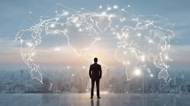 A solitary businessman gazes at a luminous, interconnected world map. ..Created with Generative AI, not depicting real subjects.