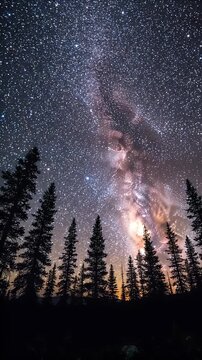 Vibrant Milky Way Galaxy Over Silhouetted Pine Forest at Night - A breathtaking view of the Milky Way galaxy arching across a clear night sky.