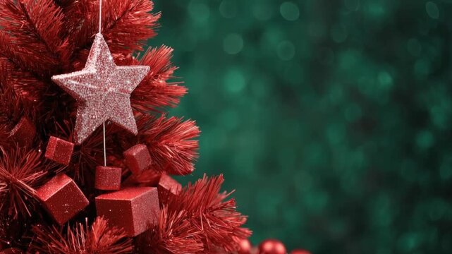 Close-up of a glittery star ornament hanging on a red artificial Christmas tree with bokeh green background. ..Created with Generative AI, not depicting real subjects.
