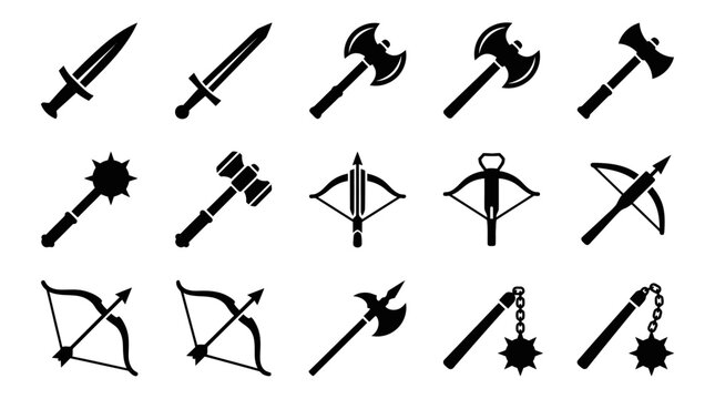 Medieval weaponry and historical combat black silhouette icons.