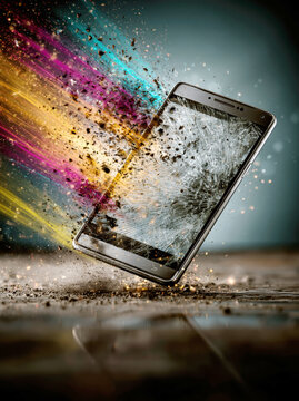 High-Speed Shattering Smartphone with Neon Light Trails &ndash; AI Generative