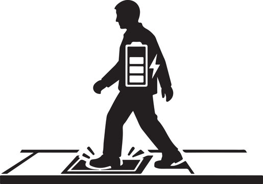 Kinetic energy floor harvesting vector, man walking on piezoelectric tiles, renewable human power generation concept