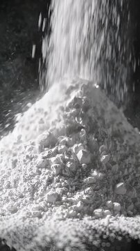 White Powder Pouring Onto Pile Macro - A close-up, macro shot captures a cascade of fine white powder pouring onto a growing pile. The powder creates a dynamic, textured effect as it falls.