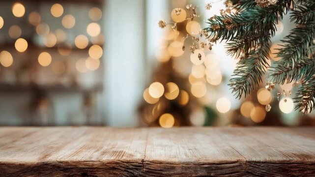 A rustic wooden table in the foreground, bathed in the warm glow of bokeh lights, sits beneath a festive Christmas tree branch. ..Created with Generative AI, not depicting real subjects.