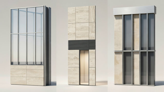 Three architectural wall panels with glass and stone textures on white background