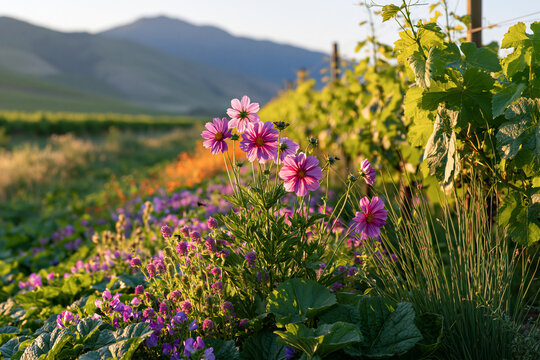 Vineyard habitat flowers and pollinator seasonal timing concept