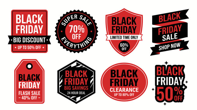 Collection of Black Friday sales labels with red and black graphic designs for retail marketing promotional banners and discount tags on white background