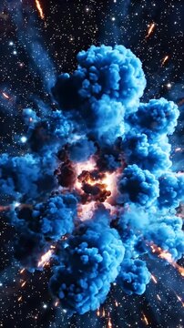 Cosmic Explosion with Blue Smoke and Orange Sparks in Starry Space - A vibrant and chaotic cosmic explosion illuminates the starry expanse.