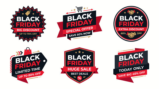 Collection of six flat vector Black Friday promotional labels with red and black ribbons for retail marketing campaigns on white background