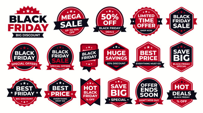 Collection of Black Friday sale badges and promotional labels in red and black flat vector style for e-commerce marketing and retail discount campaigns