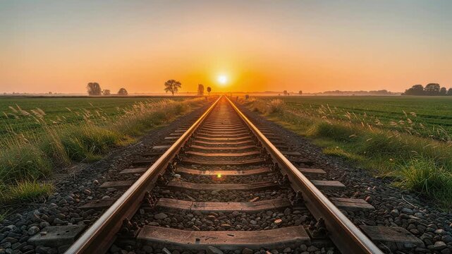 Sunset over rural railway tracks surrounded by green fields and trees in peaceful countryside