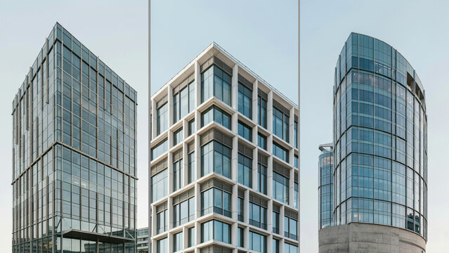 Three different perspectives of tall glass office buildings with steel frames and blue sky