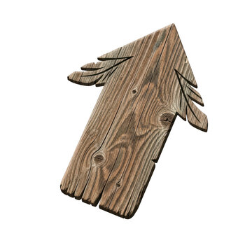 Rustic wooden arrow sign isolated on white background for directional signage design.