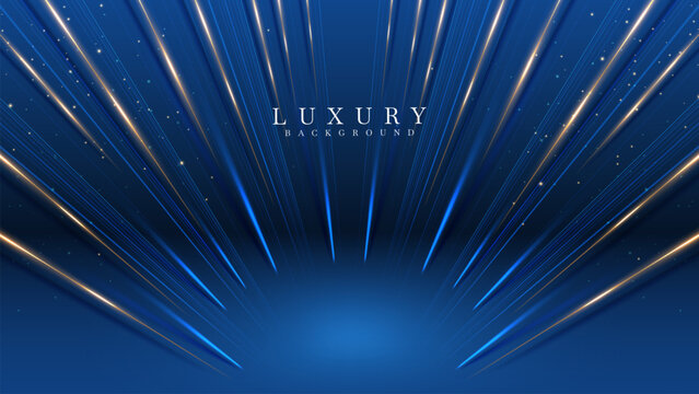 Abstract Luxury Dark Blue Background With Elegant Gold Ray And Bright Light Beam For Premium Graphic Design Art Over Glowing Diagonal Line Stage Floor Perspective Space.
