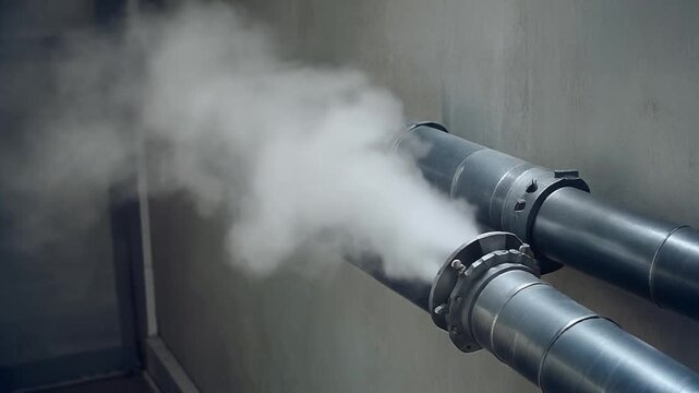 White Steam Escaping From Flanged Joint on Industrial Metal Pipe