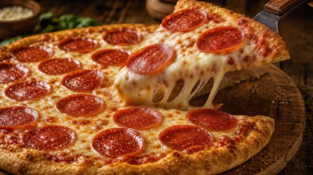 Delicious pepperoni pizza slice with melted cheese stretching on wooden serving board