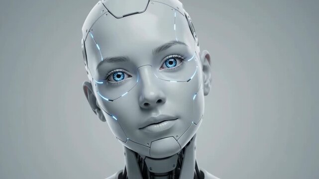 Close-up video clip of a futuristic humanoid robot with eyes closed, showcasing advanced artificial intelligence and cybernetic design in a minimalist studio setting.