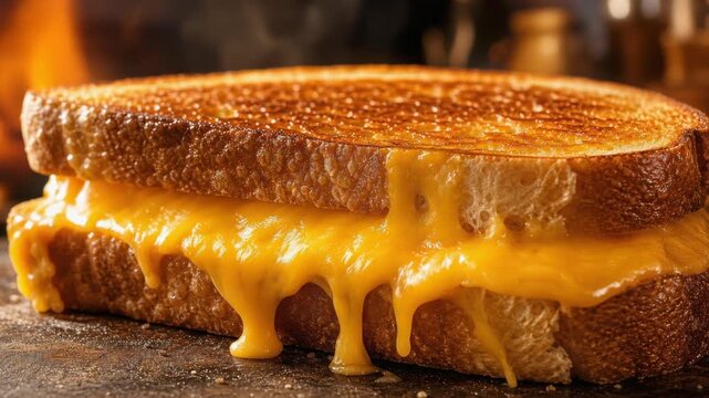 Close up of a delicious grilled cheese sandwich with melted cheddar cheese dripping from toasted bread