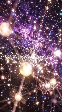 Abstract Digital Network in Cosmic Nebula - A deep space scene filled with a vibrant purple nebula and a complex, glowing digital network.