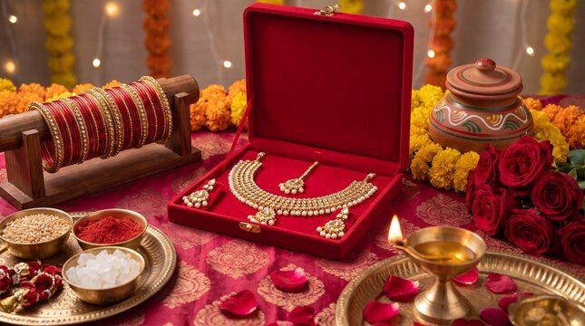 Karwa Chauth Traditional Gift Arrangement with Red Bangles, Jewelry and Festive Diyas