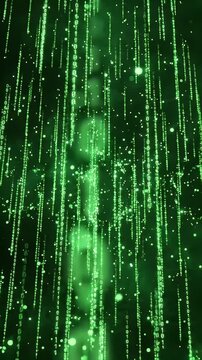 Abstract Green Digital Rain of Binary Code - This video features a vertical cascade of glowing green binary code, resembling a digital rain effect.