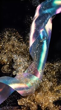 Abstract Iridescent Ribbon Pouring Glitter Particles - A close-up shot shows an iridescent, metallic ribbon unfurling against a black background.