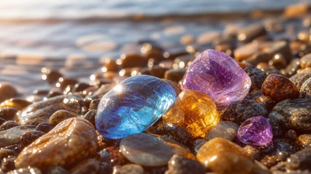 Close up of colorful polished gemstones and pebbles on a wet beach shore with water reflections