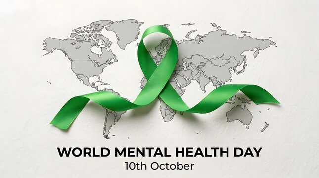 Green ribbon on world map for World Mental Health Day awareness campaign