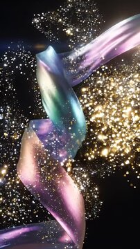 Iridescent Ribbon Flowing with Glitter Particles - An abstract visualization featuring a fluid, iridescent ribbon in motion, surrounded by a shower of glittering particles against a dark background.