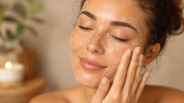 Close up of young woman enjoying natural face scrub skincare routine with glowing skin and relaxed expression