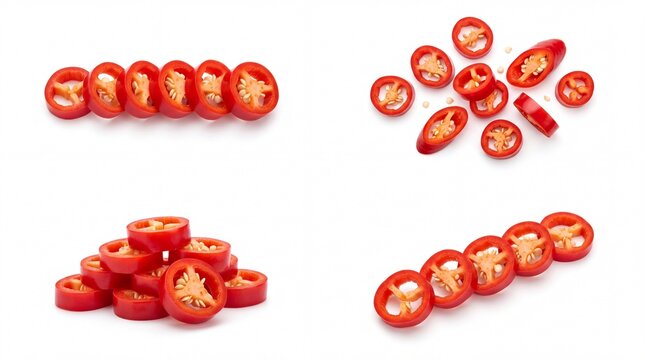 Fresh red chili pepper slices arranged in rows and piles