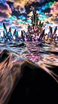 Psychedelic Crystal Landscape with Iridescent Liquid Waves - A surreal landscape featuring sharp, crystalline formations erupting from a shimmering, iridescent liquid surface.