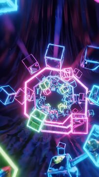 Abstract Neon Geometric Cubes Tunnel Fly Through - A dynamic visual of glowing neon geometric shapes, primarily cubes, forming an abstract tunnel effect against a dark, textured background.