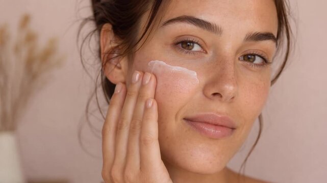 Young woman applying natural skincare cream on face with gentle touch and soft light