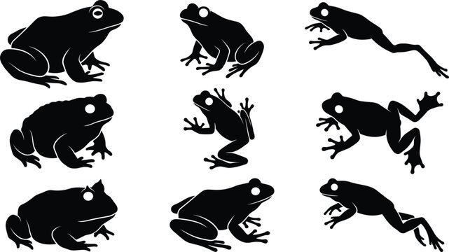 Amphibian frog and toad black silhouettes collection isolated vector icons of jumping and sitting wild creatures