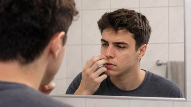 Young man examining his skin closely in the bathroom mirror concerned about acne and complexion