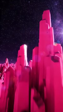 Abstract Pink Crystal Terrain Under Starry Night Sky - A digitally video landscape features towering, angular pink crystal formations stretching towards a dark, star-filled sky.
