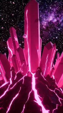 Abstract Pink Crystal Terrain Under Starry Sky - A vibrant abstract landscape featuring glowing pink crystal formations erupting from a fractured terrain under a dark, star-filled sky.