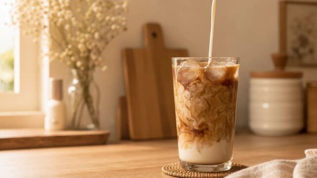 Iced coffee with milk being poured in a cozy kitchen setting with warm natural light