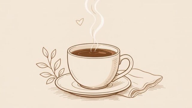 Illustration of steaming hot coffee cup with saucer and napkin cozy morning beverage