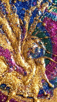 Golden Swirl Of Colorful Metallic Paint And Glitter - An abstract close-up shows a dynamic swirl of liquid gold paint exploding outwards, revealing a textured background of glittering metallic colors