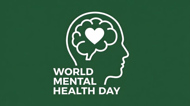World Mental Health Day concept with brain and heart icon on green background