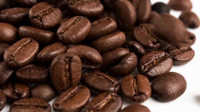 Close up of roasted coffee beans on white background for fresh aromatic beverage lovers