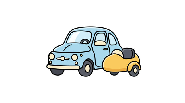 Blue vintage microcar with yellow sidecar cartoon.