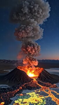 Active Volcano Erupting at Dusk in Desert Landscape - A powerful volcano erupts at dusk, spewing a massive plume of smoke and ash into the starry night sky.